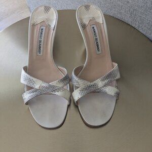 Monolo Blahnik Callamu Snakeskin Kitten-Heel Sandals